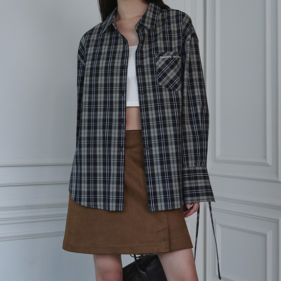 Ribbon Detailed Over-fit Cotton Shirt_Check Black