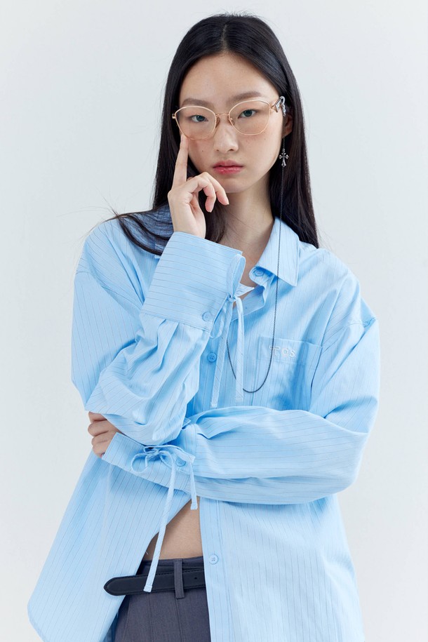 OPENING SUNSHINE - 셔츠 - Embroidery-pointed Stripe Ribbon Shirts_Sky blue