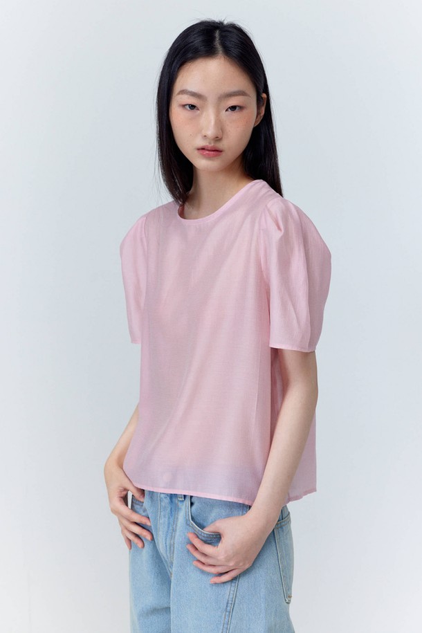 OPENING SUNSHINE - 블라우스 - Puff Sleeve Basic Short-sleeved Blouse_Pink