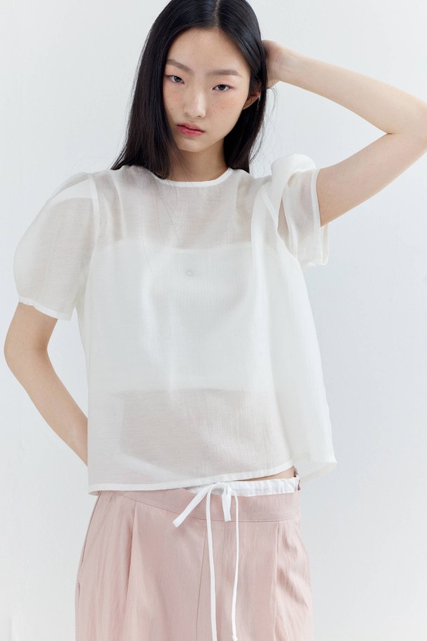 OPENING SUNSHINE - 블라우스 - Puff Sleeve Basic Short-sleeved Blouse_White