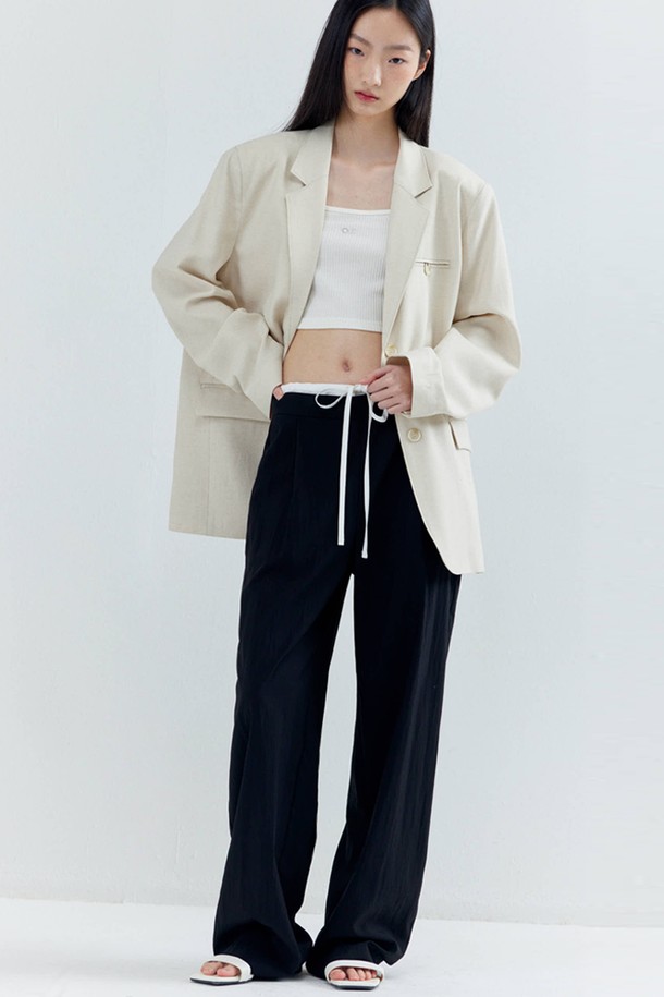 OPENING SUNSHINE - 롱/미디팬츠 - Double-waist Silky Wide Pants_Black