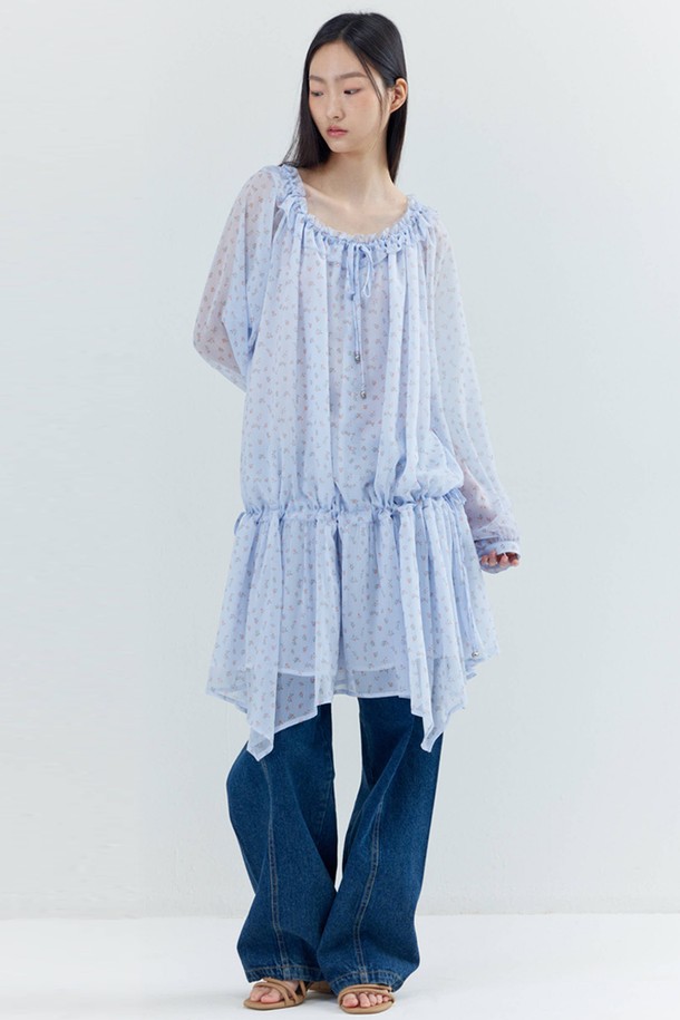 OPENING SUNSHINE - 긴소매 원피스 - Flower Patterned Shirring Bohemian Mini Dress_Blue