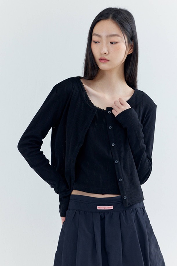 OPENING SUNSHINE - 베스트 - Eyelet Long sleeve Cropped Cardigan_Black