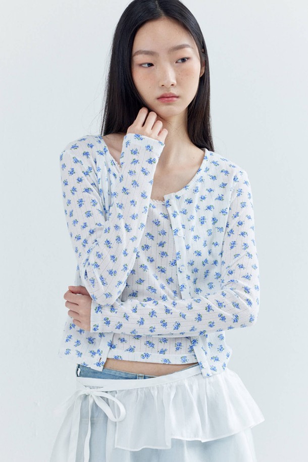 OPENING SUNSHINE - 베스트 - Eyelet Long sleeve Cropped Cardigan_Blue Flower