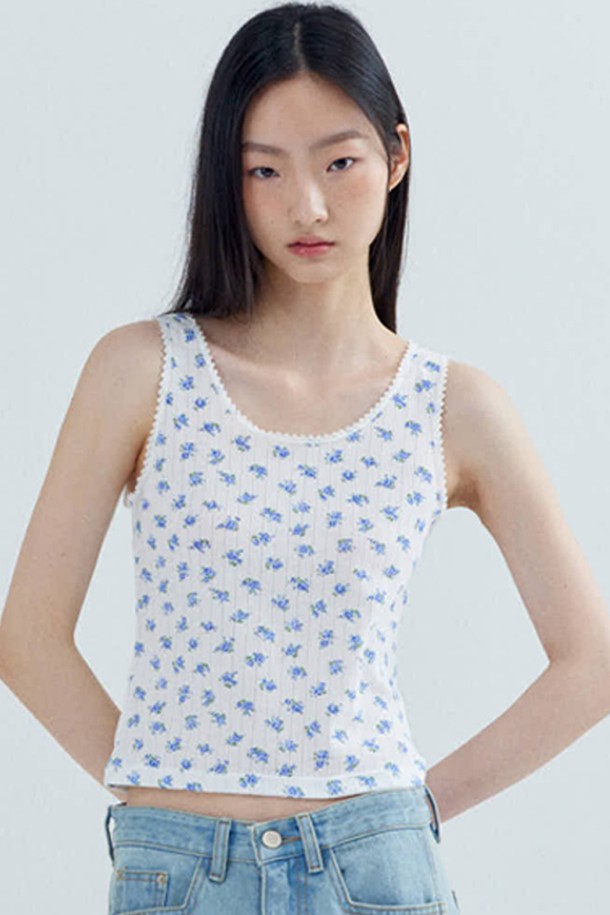 OPENING SUNSHINE - 민소매티셔츠 - Eyelet Sleeveless Cropped Top_Blue Flower