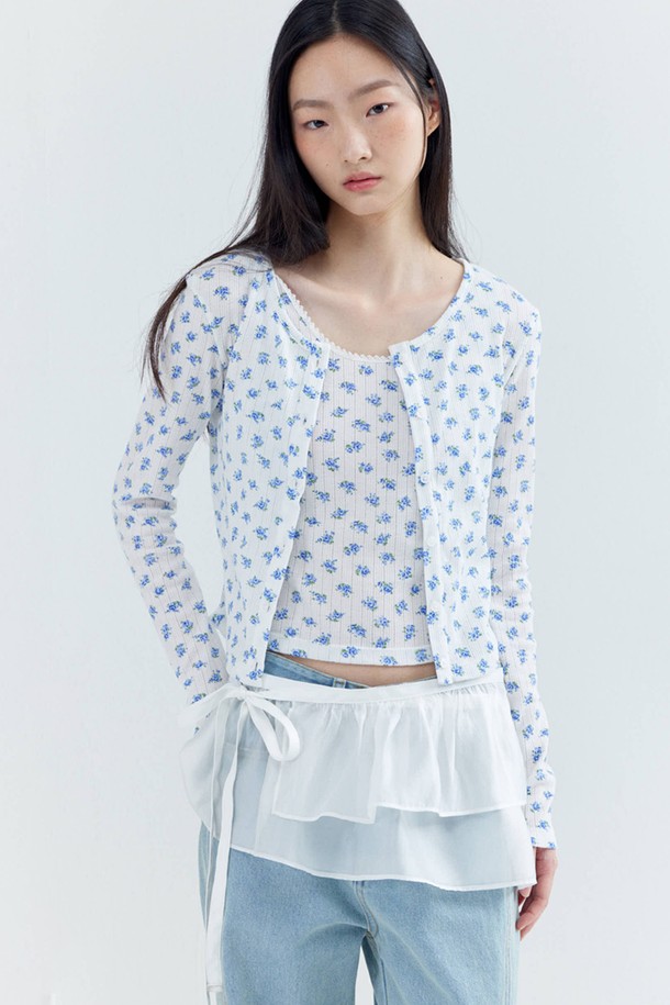 OPENING SUNSHINE - 베스트 - Set_Eyelet Sleeveless Cropped Top+Cardigan_Blue Flower