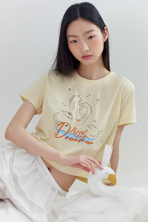 OPENING SUNSHINE - 반소매 티셔츠 - Coupled Swan crop T-shirts_Yellow