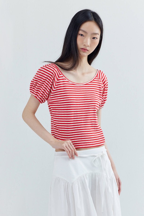 OPENING SUNSHINE - 반소매 티셔츠 - Puff Sleeve Stripe crop T-shirts_Red