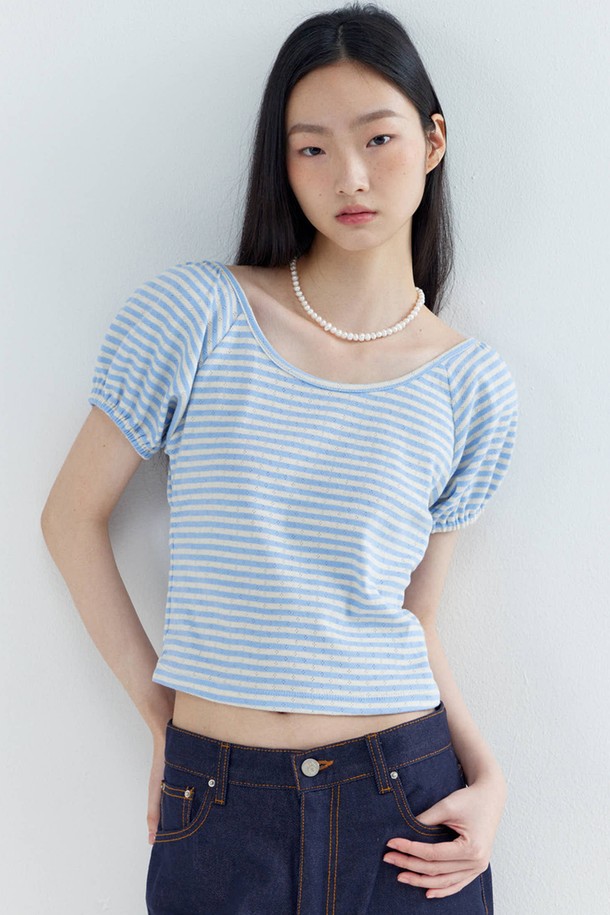 OPENING SUNSHINE - 반소매 티셔츠 - Puff Sleeve Stripe crop T-shirts_Blue