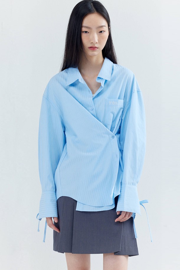 OPENING SUNSHINE - 셔츠 - Embroidery-pointed Stripe Ribbon Shirts_Sky blue