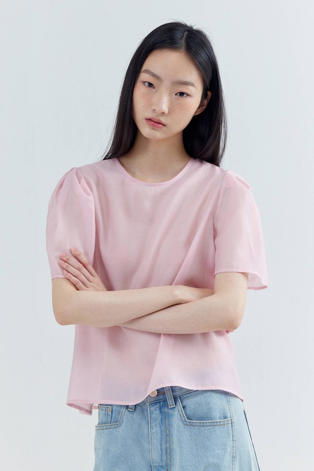 OPENING SUNSHINE - 블라우스 - Puff Sleeve Basic Short-sleeved Blouse_Pink