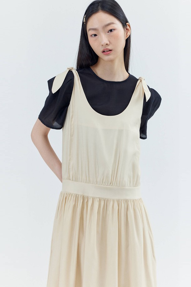 OPENING SUNSHINE - 민소매 원피스 - Ribbon Shoulder Strap Shirring Sleeveless Dress_Beige