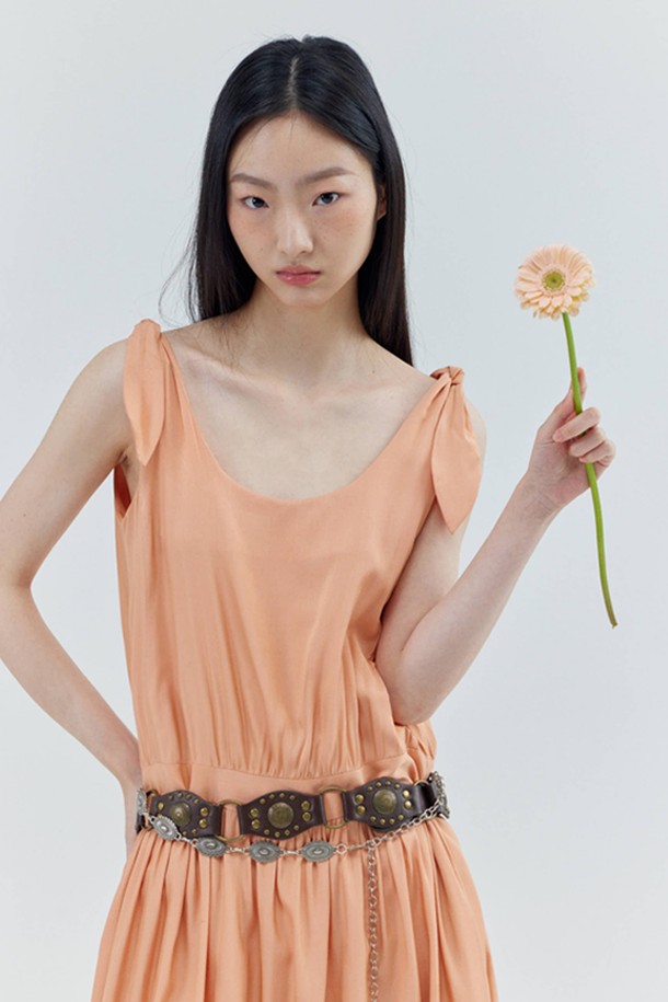 OPENING SUNSHINE - 민소매 원피스 - Ribbon Shoulder Strap Shirring Sleeveless Dress_Peach Pink