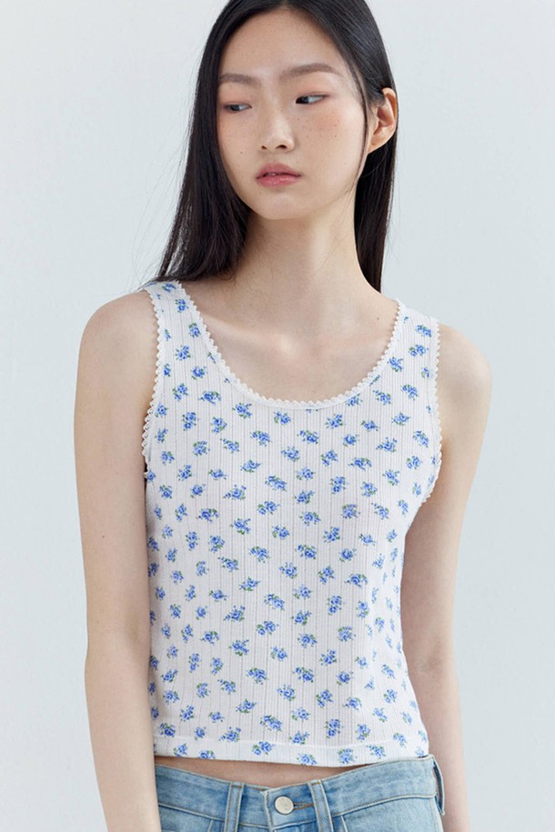 OPENING SUNSHINE - 민소매티셔츠 - Eyelet Sleeveless Cropped Top_Blue Flower