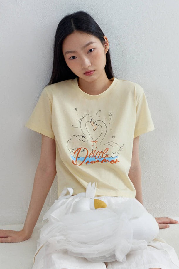 OPENING SUNSHINE - 반소매 티셔츠 - Coupled Swan crop T-shirts_Yellow