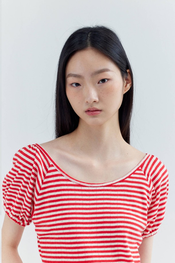 OPENING SUNSHINE - 반소매 티셔츠 - Puff Sleeve Stripe crop T-shirts_Red