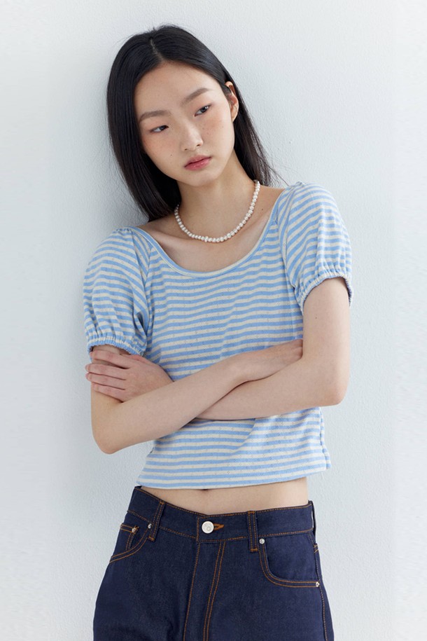 OPENING SUNSHINE - 반소매 티셔츠 - Puff Sleeve Stripe crop T-shirts_Blue