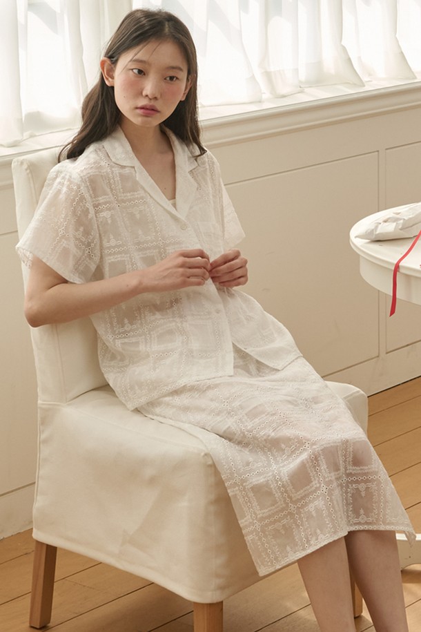 OPENING SUNSHINE - 셋업 - Set_See-through embroidered lace shirt+skirt