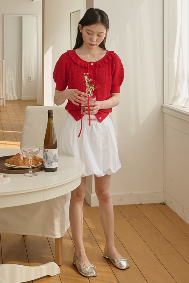 OPENING SUNSHINE - 가디건 - Ruffle Collar Cropped Knit Cardigan_Red