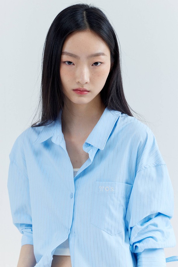 OPENING SUNSHINE - 셔츠 - Embroidery-pointed Stripe Ribbon Shirts_Sky blue