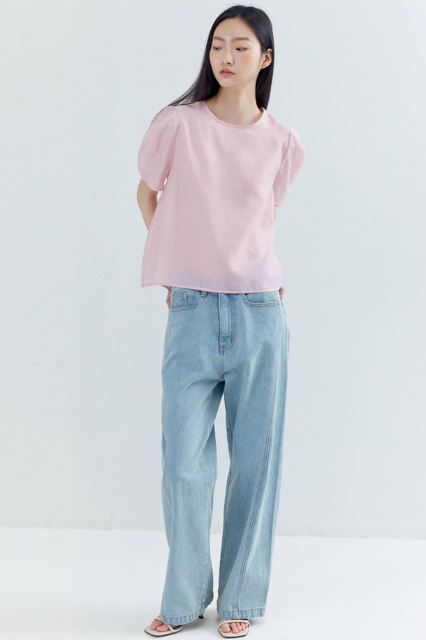 OPENING SUNSHINE - 블라우스 - Puff Sleeve Basic Short-sleeved Blouse_Pink