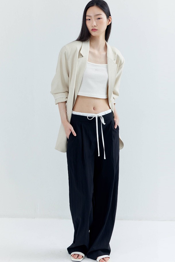 OPENING SUNSHINE - 롱/미디팬츠 - Double-waist Silky Wide Pants_Black