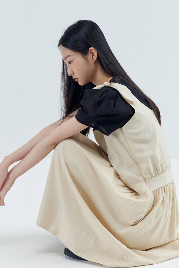 OPENING SUNSHINE - 민소매 원피스 - Ribbon Shoulder Strap Shirring Sleeveless Dress_Beige