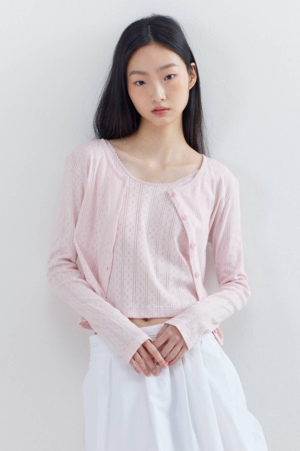 OPENING SUNSHINE - 베스트 - Eyelet Long sleeve Cropped Cardigan_Pink