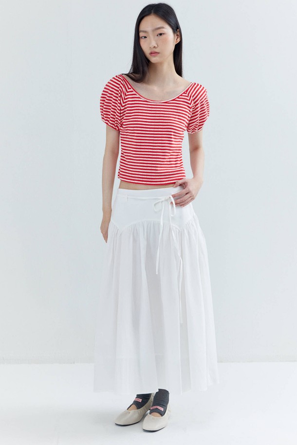 OPENING SUNSHINE - 반소매 티셔츠 - Puff Sleeve Stripe crop T-shirts_Red