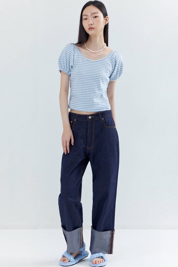 OPENING SUNSHINE - 반소매 티셔츠 - Puff Sleeve Stripe crop T-shirts_Blue