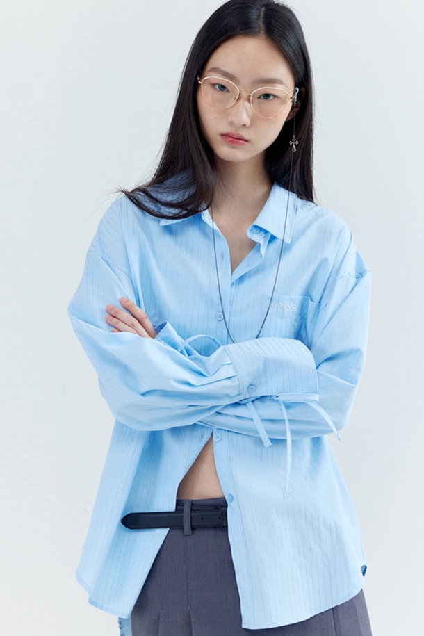 OPENING SUNSHINE - 셔츠 - Embroidery-pointed Stripe Ribbon Shirts_Sky blue