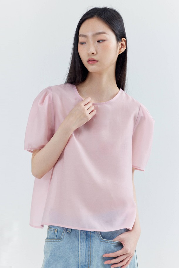 OPENING SUNSHINE - 블라우스 - Puff Sleeve Basic Short-sleeved Blouse_Pink