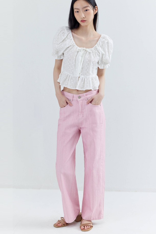 OPENING SUNSHINE - 롱/미디팬츠 - Semi Wide Color Denim Pants_Pink