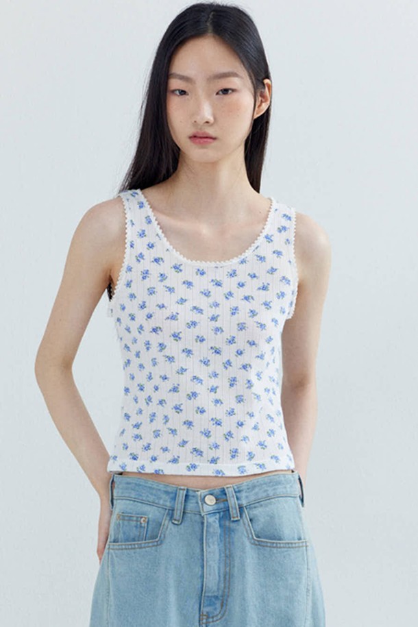 OPENING SUNSHINE - 민소매티셔츠 - Eyelet Sleeveless Cropped Top_Blue Flower