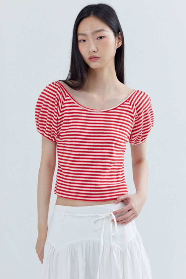 OPENING SUNSHINE - 반소매 티셔츠 - Puff Sleeve Stripe crop T-shirts_Red