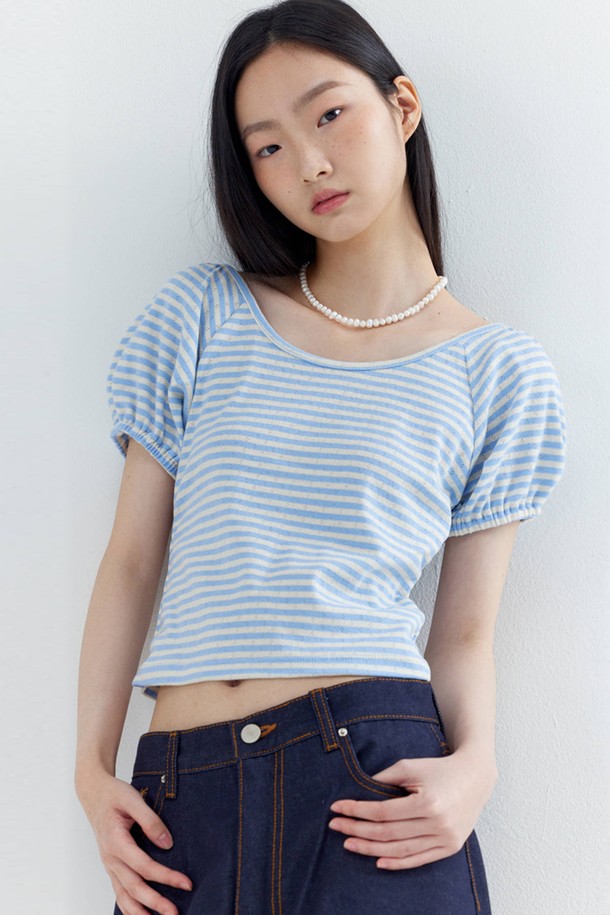 OPENING SUNSHINE - 반소매 티셔츠 - Puff Sleeve Stripe crop T-shirts_Blue