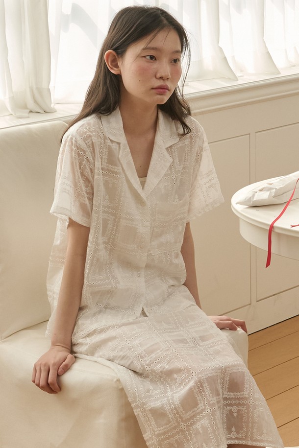 OPENING SUNSHINE - 셋업 - Set_See-through embroidered lace shirt+skirt