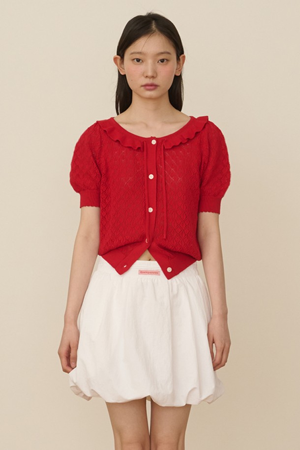 OPENING SUNSHINE - 가디건 - Ruffle Collar Cropped Knit Cardigan_Red