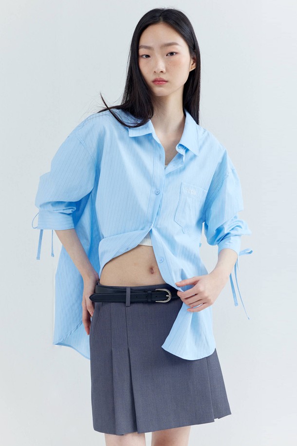 OPENING SUNSHINE - 셔츠 - Embroidery-pointed Stripe Ribbon Shirts_Sky blue