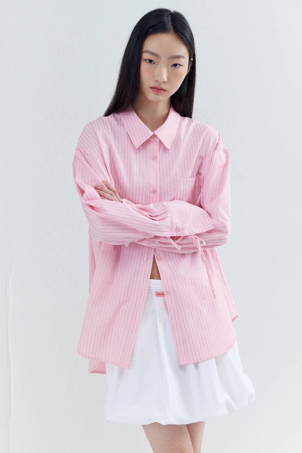 OPENING SUNSHINE - 셔츠 - Embroidery-pointed Stripe Ribbon Shirts_Pink