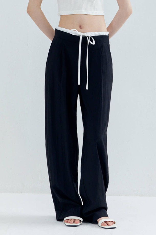 OPENING SUNSHINE - 롱/미디팬츠 - Double-waist Silky Wide Pants_Black