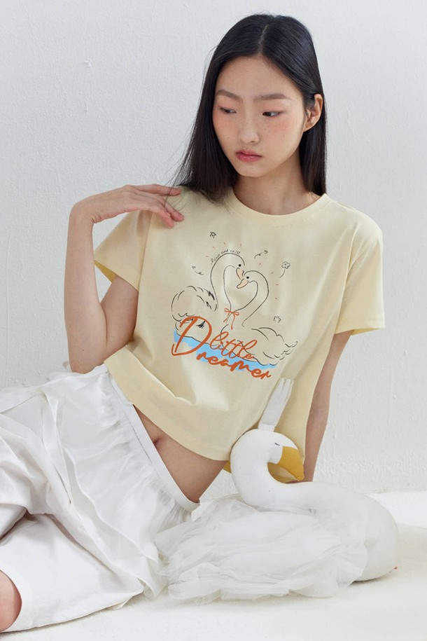 OPENING SUNSHINE - 반소매 티셔츠 - Coupled Swan crop T-shirts_Yellow