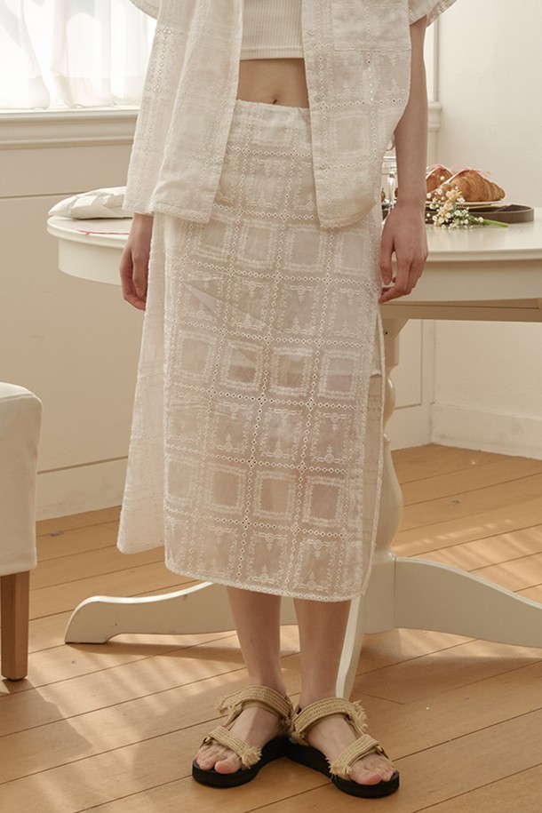 OPENING SUNSHINE - 셋업 - Set_See-through embroidered lace shirt+skirt