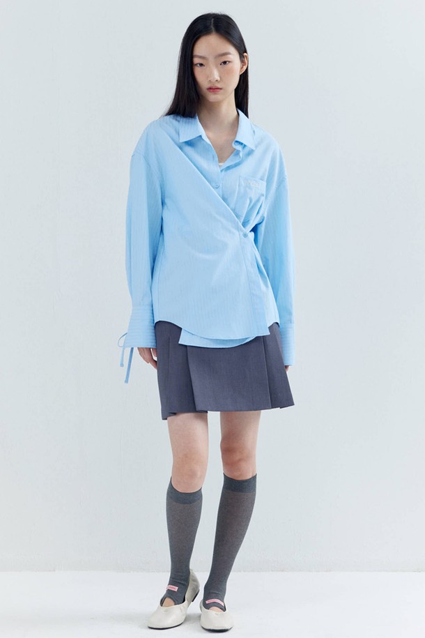 OPENING SUNSHINE - 셔츠 - Embroidery-pointed Stripe Ribbon Shirts_Sky blue