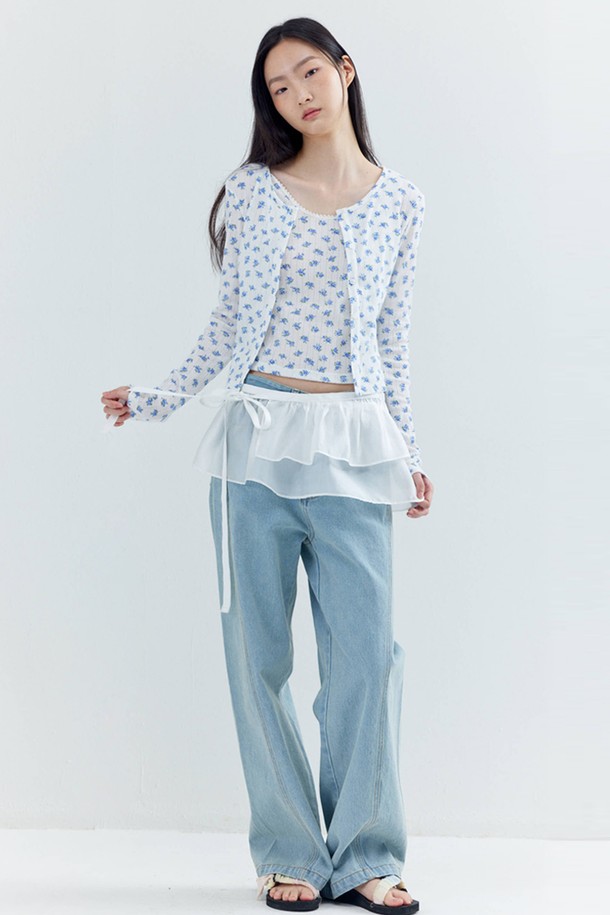 OPENING SUNSHINE - 베스트 - Eyelet Long sleeve Cropped Cardigan_Blue Flower