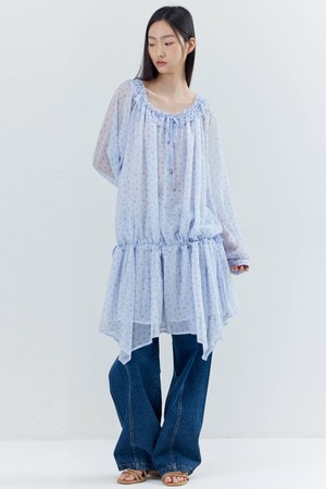 Flower Patterned Shirring Bohemian Mini Dress_Blue