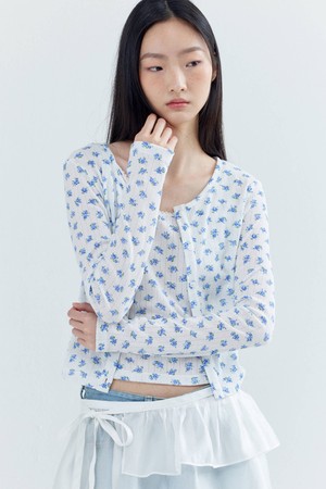 Eyelet Long sleeve Cropped Cardigan_Blue Flower