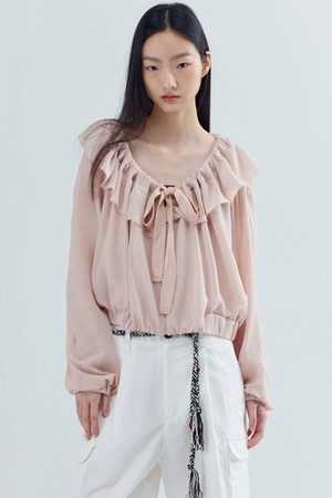 Ruffle Collar Shirring Chiffon Jacket_Fuzzy Pink