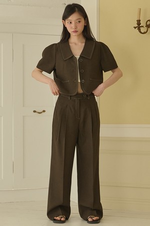 Puff sleeve cropped jacket_two-tuck wide pants set_Brown