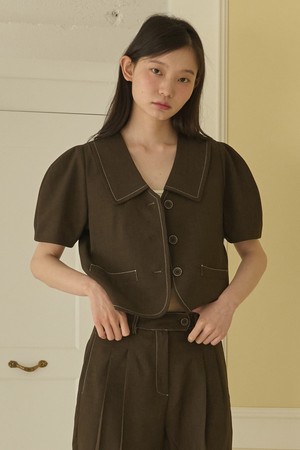 Puff Sleeve Cropped Jacket_Brown